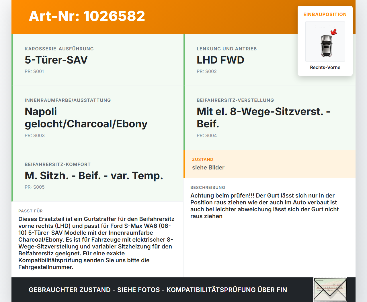 Ford S-Max WA6 06-10 Gurt Sicherheitsgurt Gurtstraffer Beifahrer Rechts Vorne Ford S-Max WA6 06-10 27.09.2006... Vorschau 3