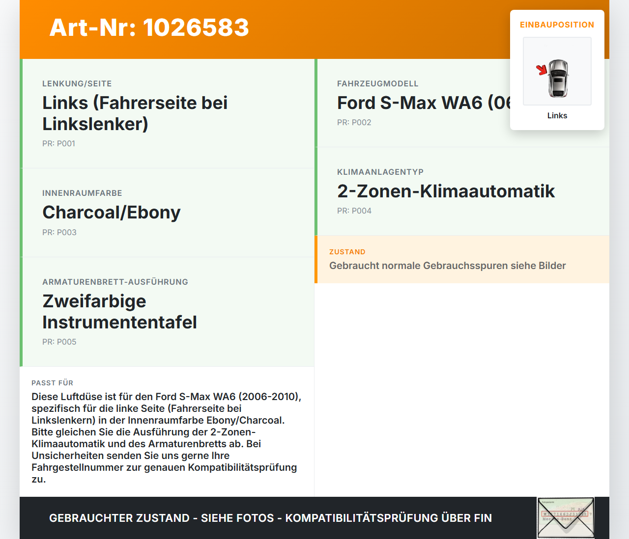 Ford S-Max WA6 06-10 Luftdusche Luftdüse Links Ford S-Max WA6 06-10 27.09.2006 6M21-U30468-AB3YYW gebraucht Vorschau 3