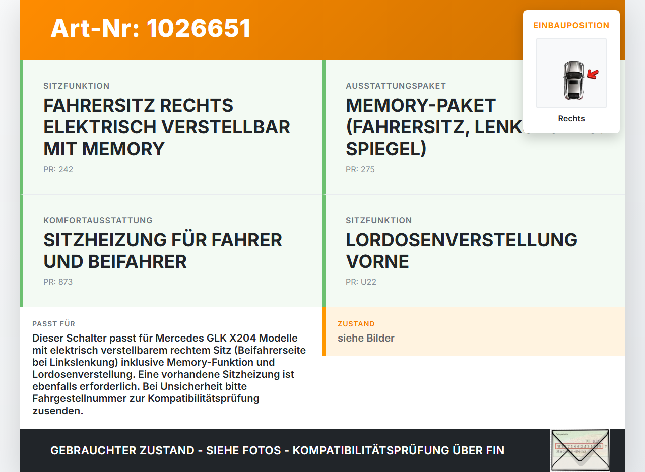 Mercedes GLK 300 X204 08-12 Schalter Rechts für Sitzverstellung Memory Mercedes GLK 300 X204 08-12 30.06.2009... Vorschau 3
