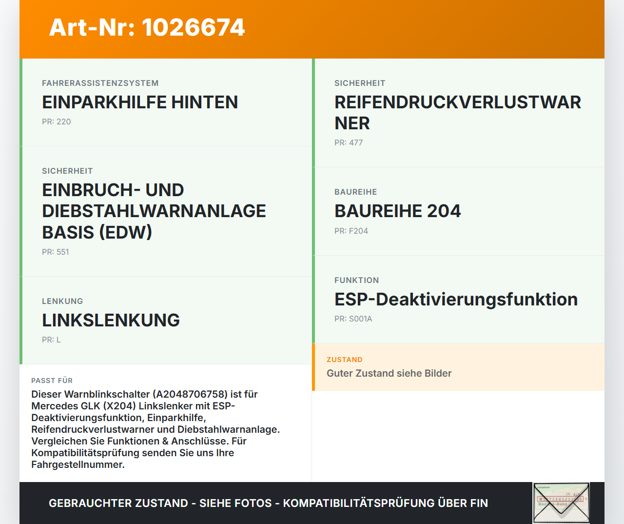 Mercedes GLK 300 X204 08-12 Warnblinkschalter Schalter ESP Off Mercedes GLK 300 X204 08-12 30.06.2009 A2048706758... Vorschau 3