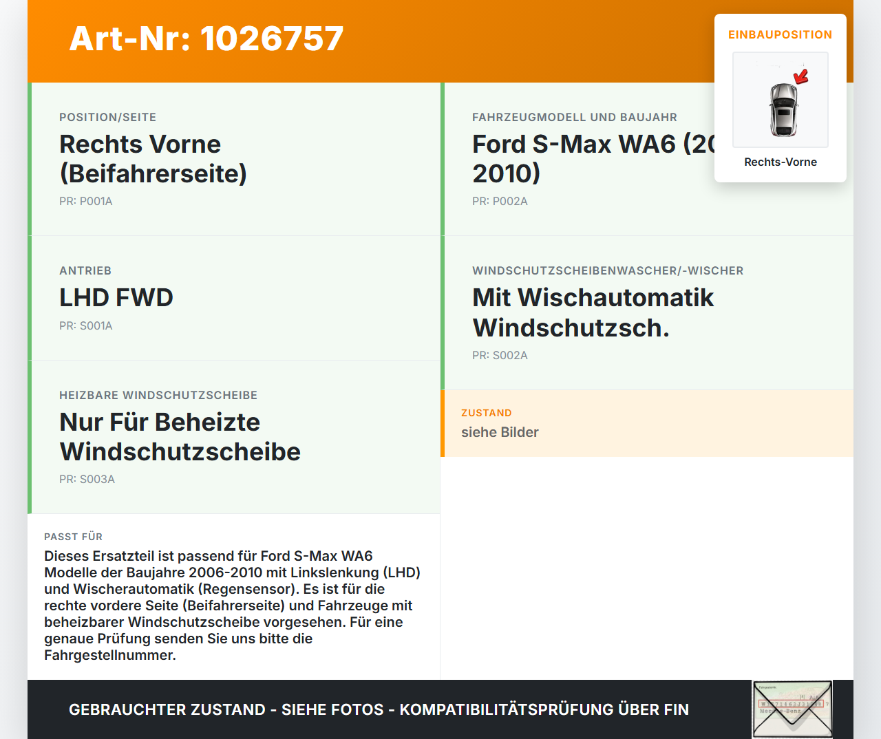 Ford S-Max WA6 06-10 Wischermotor mit Wischergestänge Rechts Vorne Ford S-Max WA6 06-10 27.09.2006 6M21-17504-BG... Vorschau 3