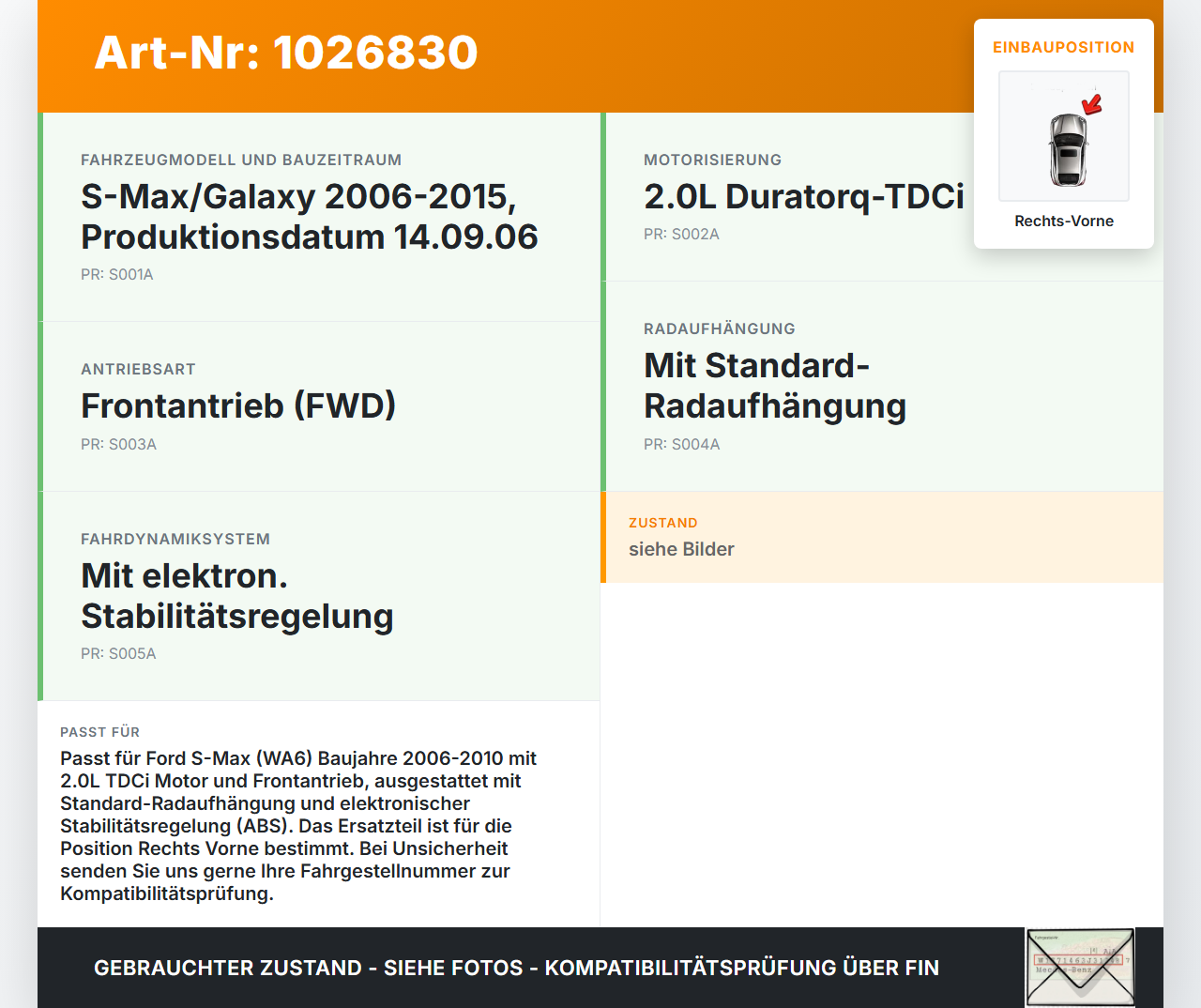 Ford S-Max WA6 06-10 TDCi 2,0 103KW Achsschenkel Radnabe mit ABS Rechts Vorne Ford S-Max WA6 06-10 27.09.2006 gebraucht Vorschau 3