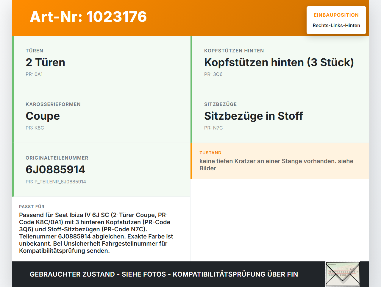 Seat Ibiza IV 6J SC 12-15 Kopfstütze Rechts oder Links Hinten Seat Ibiza IV 6J SC 12-15 22.06.2015 6J0885914 gebraucht Vorschau 3