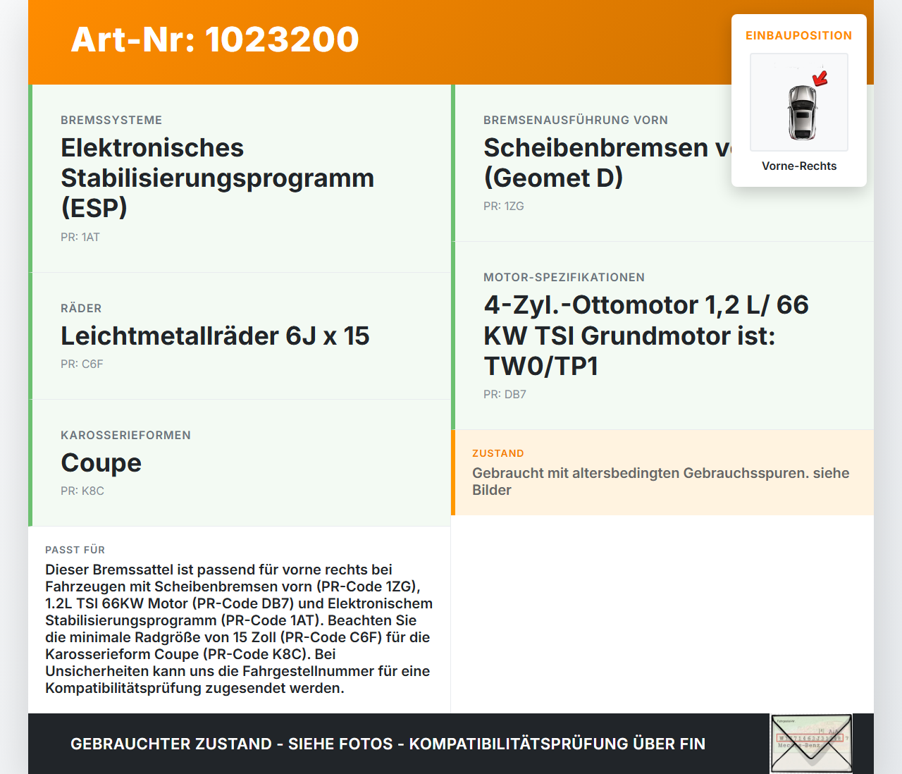 Seat Ibiza IV 6J SC 12-15 TSI 1,2 66KW Bremssattel Vorne Rechts Seat Ibiza IV 6J SC 12-15 22.06.2015 6C0615124 gebraucht Vorschau 3