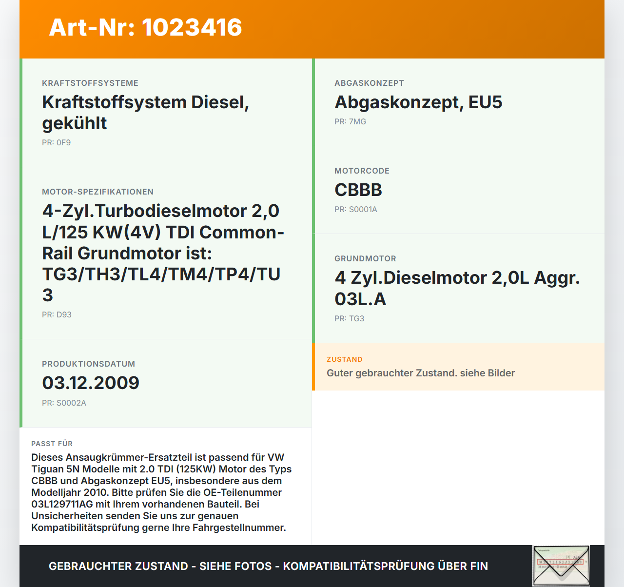 VW Tiguan 5N 07-11 TDI 2,0 125KW CBBB Ansaugbrücke Ansaugkrümmer VW Tiguan 5N 07-11 25.09.2009 03L129711AG gebraucht Vorschau 3
