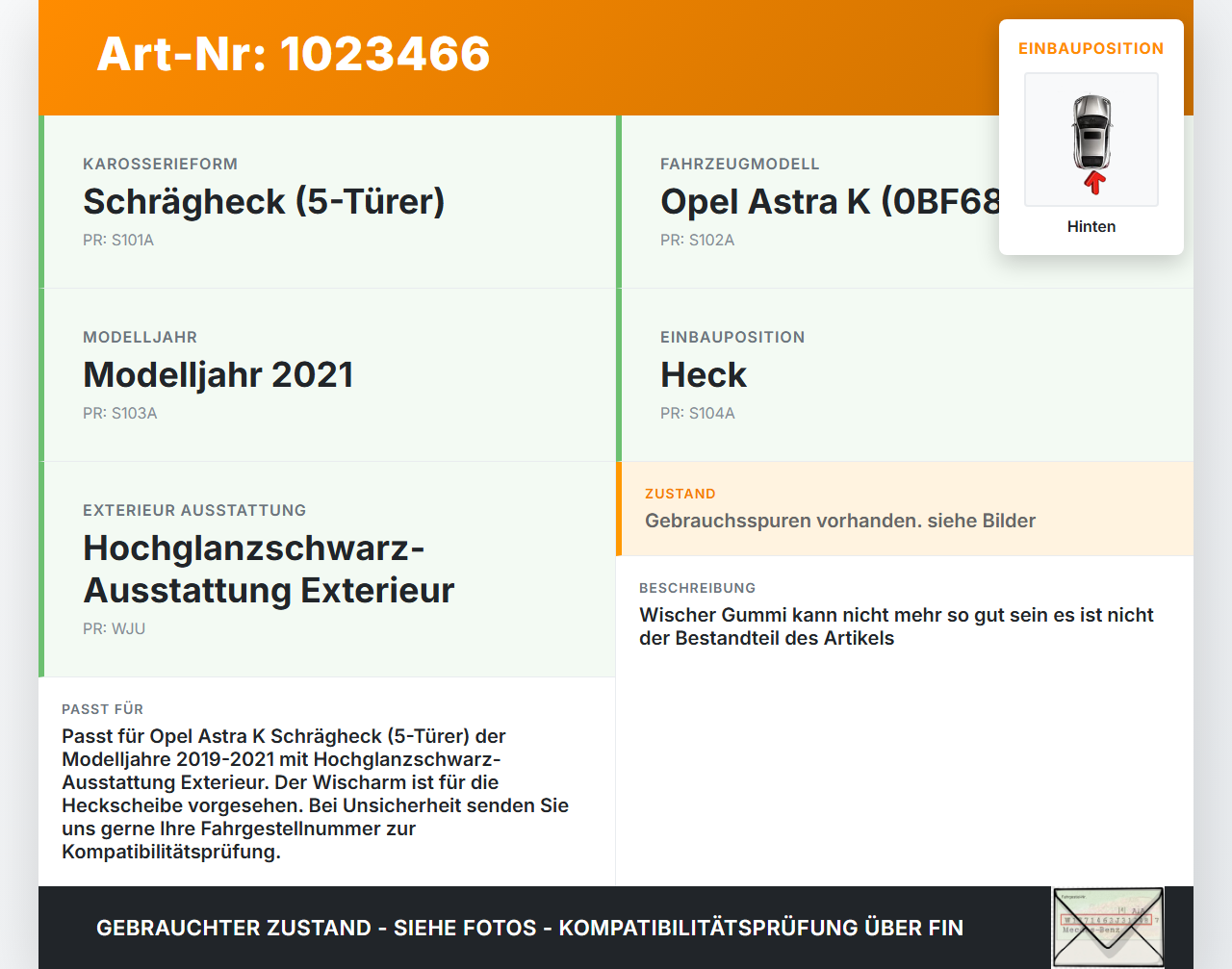 Opel Astra K 19-21 5T Scheibenwischer Heckwischer Hinten Wischarm Opel Astra K 19-21 26.01.2021 gebraucht Vorschau 3