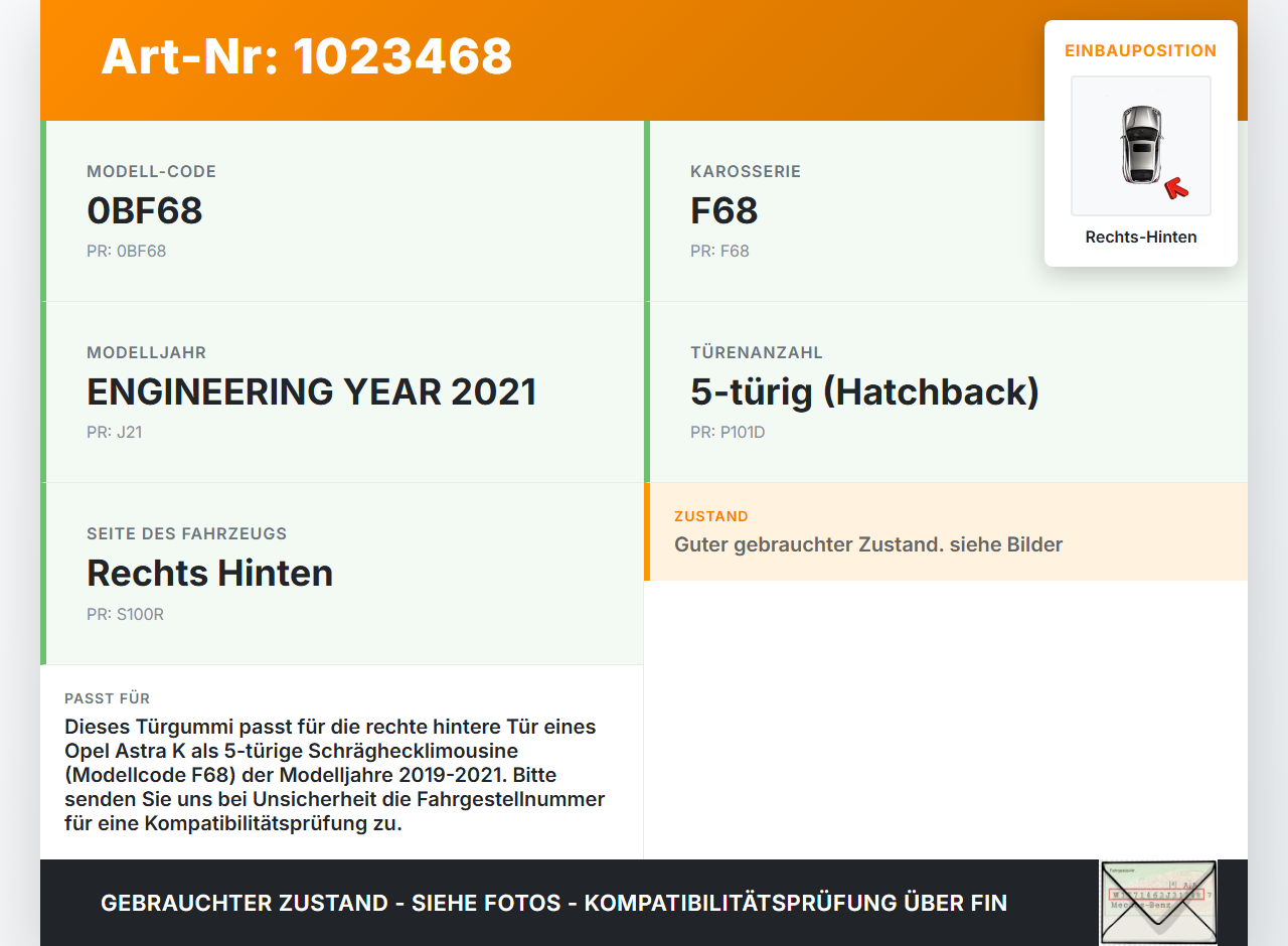 Opel Astra K 19-21 5T Dichtung für Rahmen Tür Rechts Hinten Opel Astra K 19-21 26.01.2021 gebraucht Vorschau 3