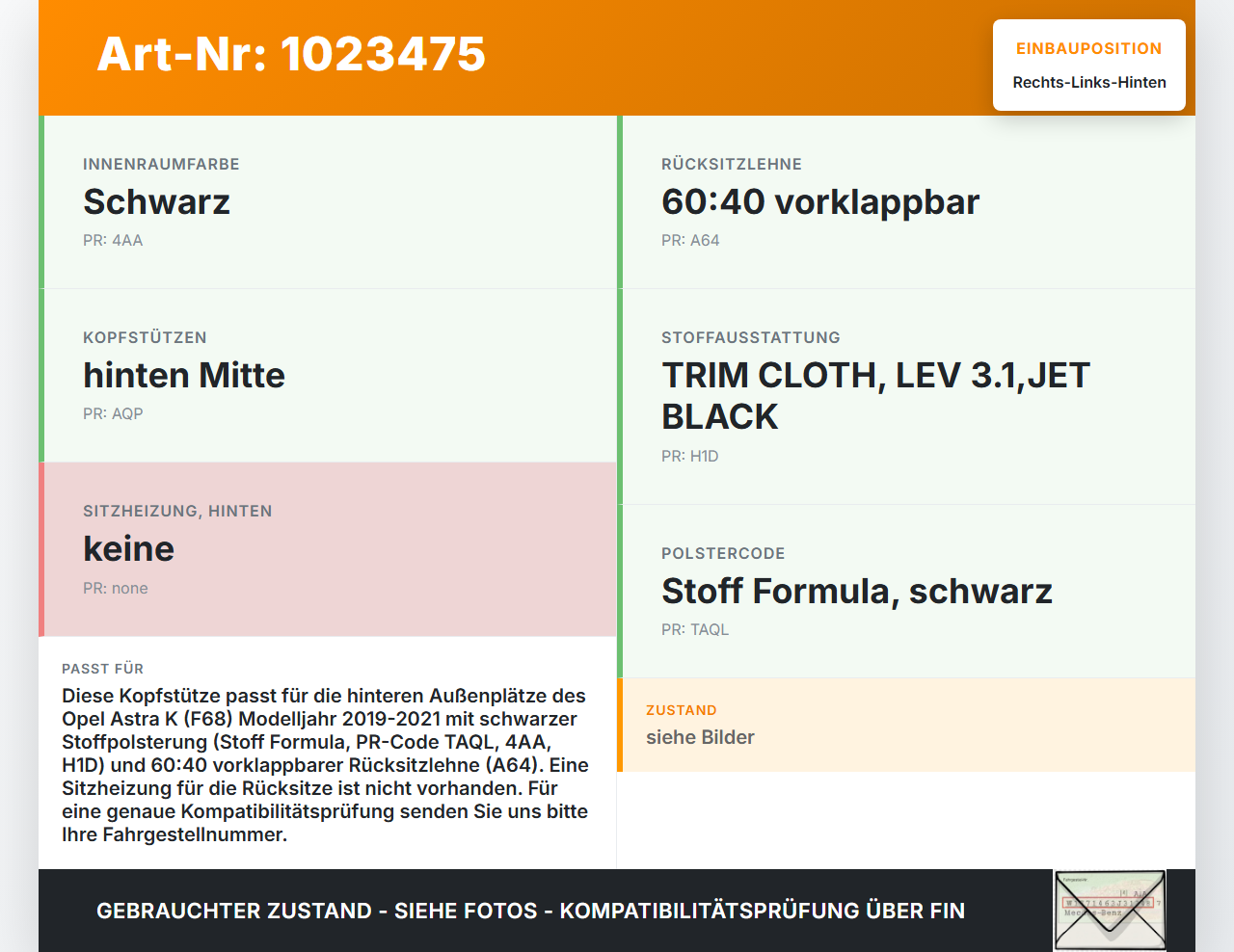 Opel Astra K 19-21 Kopfstütze Rechts oder Links Hinten Opel Astra K 19-21 26.01.2021 39026687 gebraucht Vorschau 3