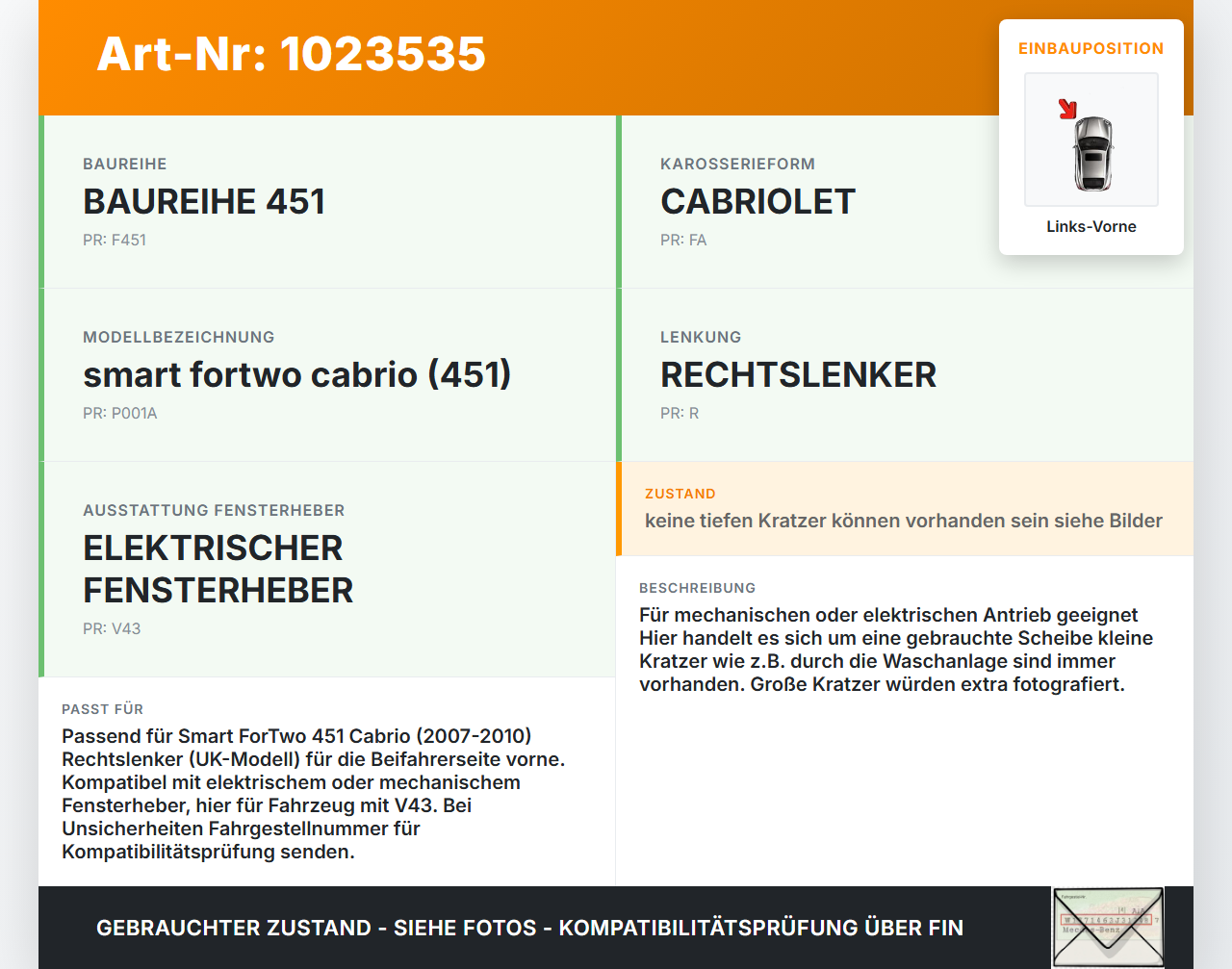 Smart ForTwo 451 07-10 Cabrio Seitenscheibe LVK Fenster Türscheibe Links Vorne Smart ForTwo 451 07-10 01.12.2009... Vorschau 3