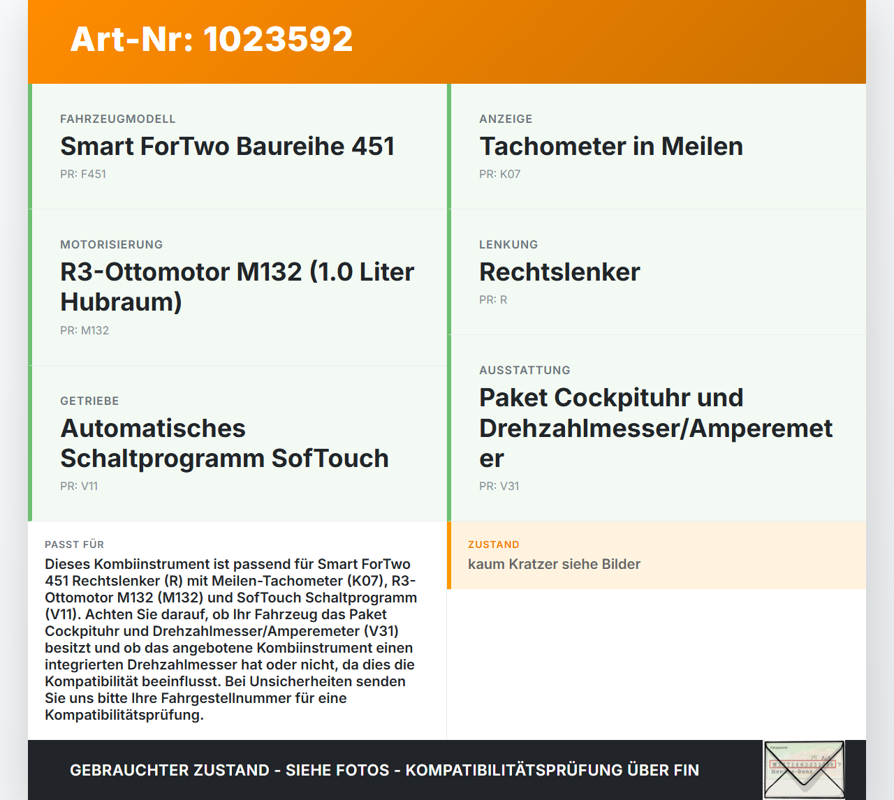 Smart ForTwo 451 07-10 1,0 Kombiinstrument Tacho Smart ForTwo 451 07-10 01.12.2009 1025060-47 A4519000600 gebraucht Vorschau 3
