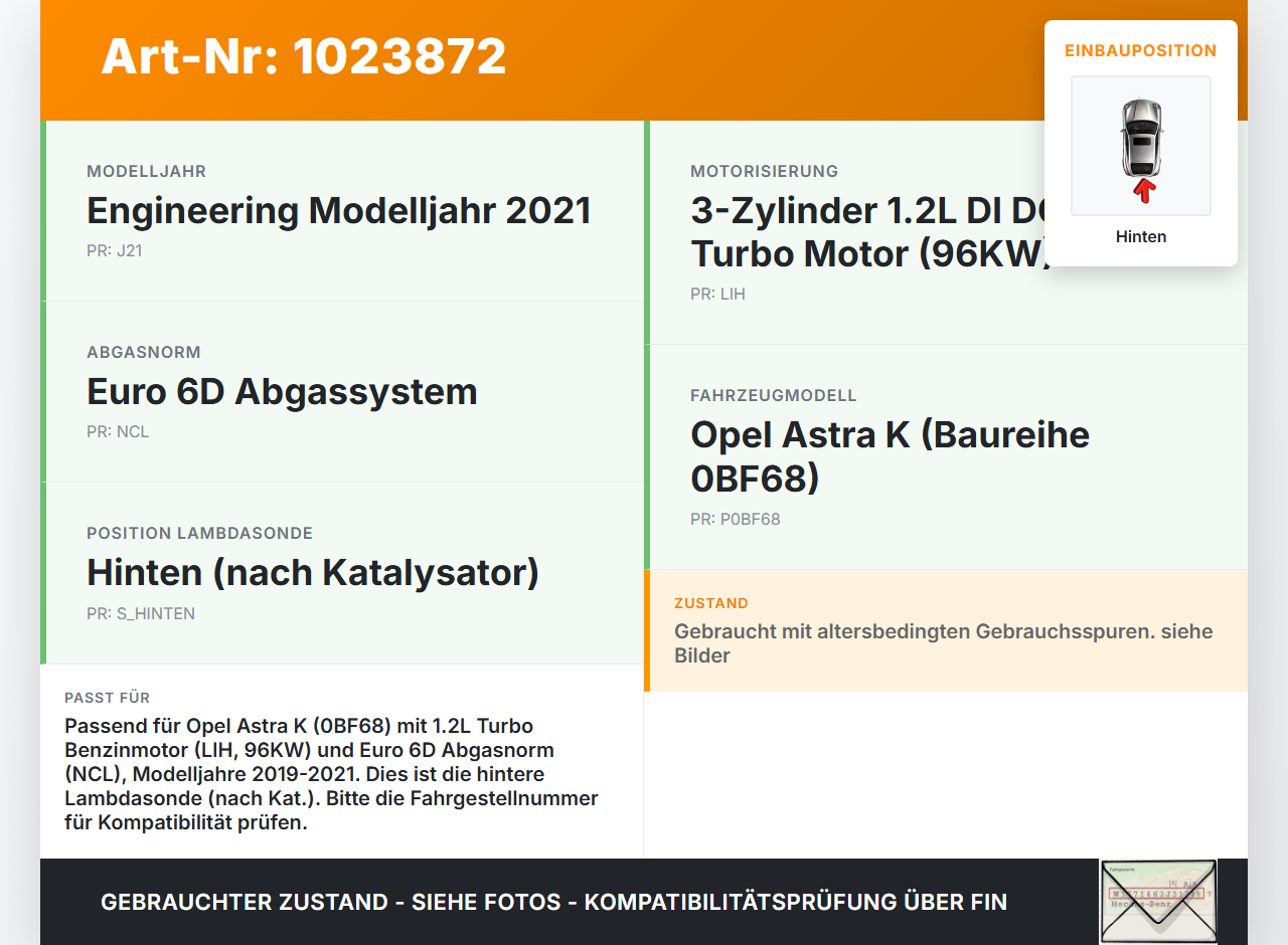 Opel Astra K 19-21 1,2T 96KW Lambdasonde Hinten Opel Astra K 19-21 26.01.2021 gebraucht Vorschau 3