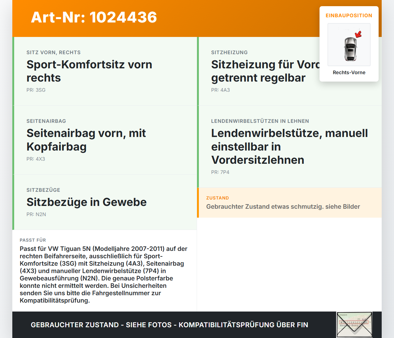 VW Tiguan 5N 07-11 Sitzbezug Rückenpolster Rechts Vorne für Beifahrer Sitz SRS VW Tiguan 5N 07-11 25.09.2009... Vorschau 3