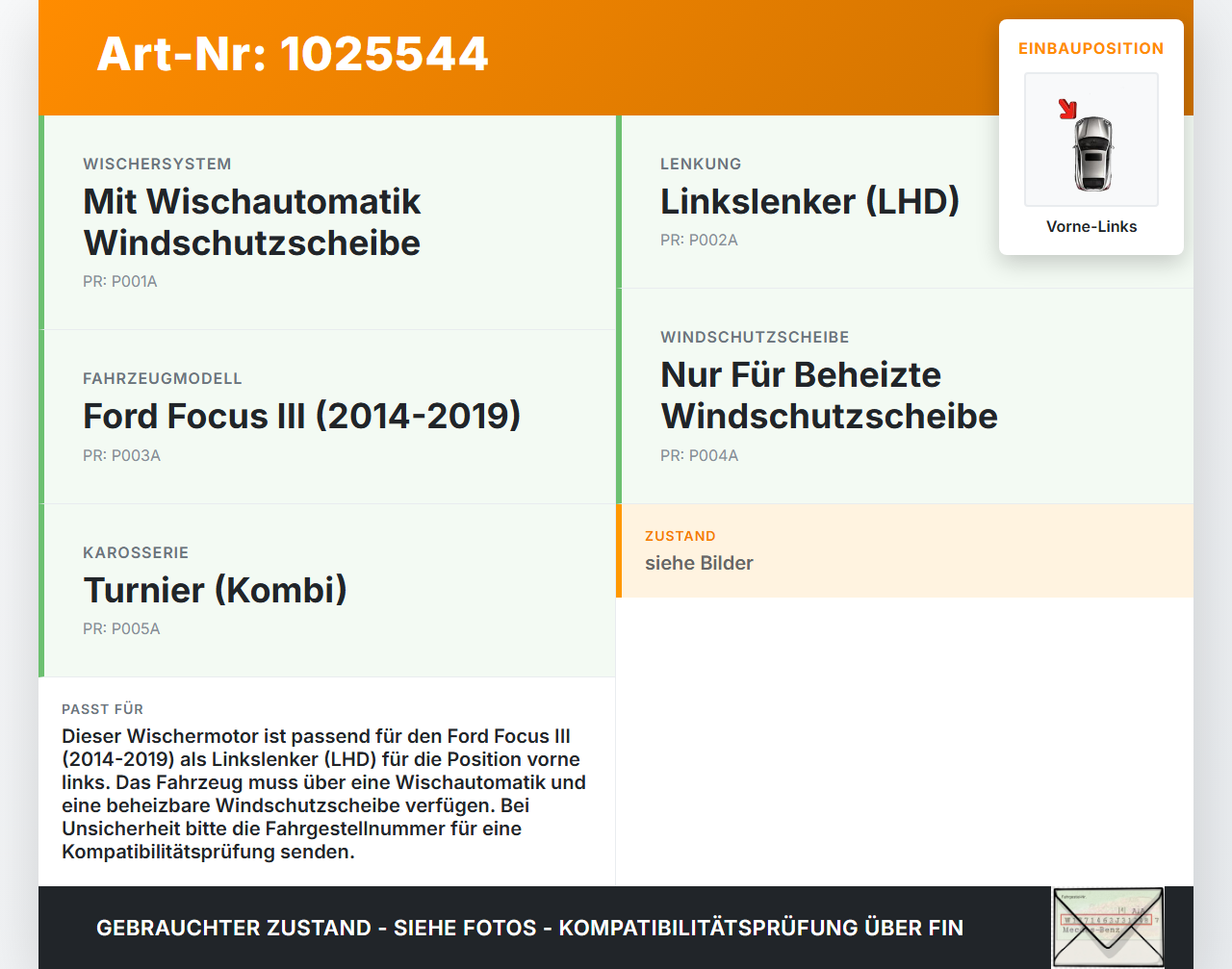 Ford Focus III 3 14-18 Wischermotor Vorne Links Ford Focus III 3 14-18 30.09.2016 BM51-17504-AL 0390248152 gebraucht Vorschau 3