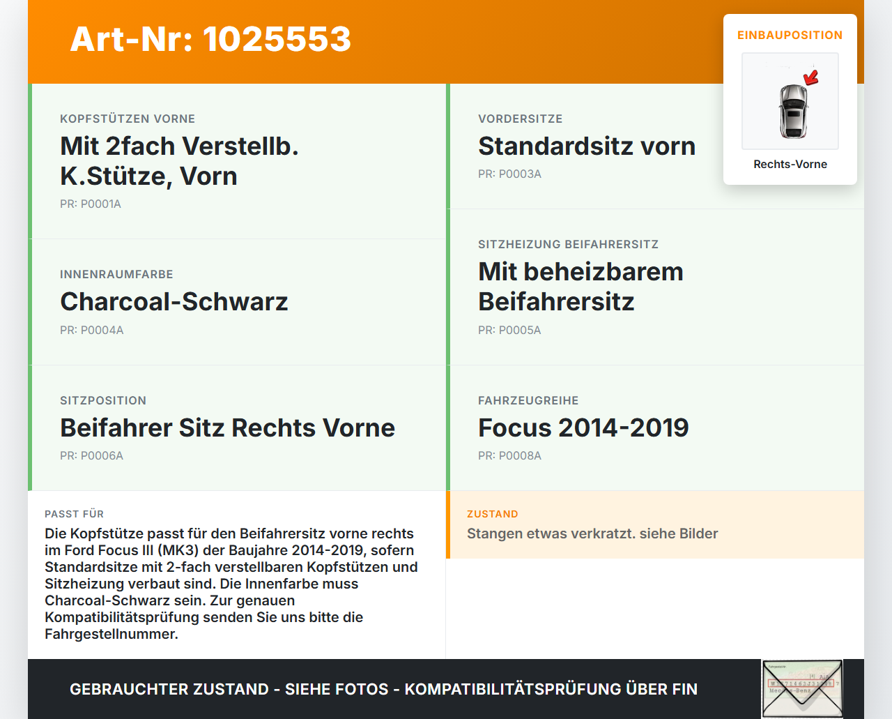 Ford Focus III 3 14-18 Kombi Kopfstütze für Beifahrer Sitz Rechts Vorne Ford Focus III 3 14-18 30.09.2016... Vorschau 3