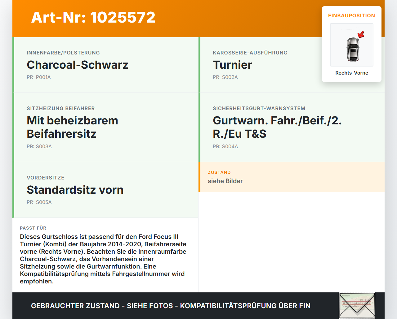 Ford Focus III 3 14-18 Kombi Gurtschloss Rechts Vorne Ford Focus III 3 14-18 30.09.2016 BM5161208ACW 620392200C... Vorschau 3