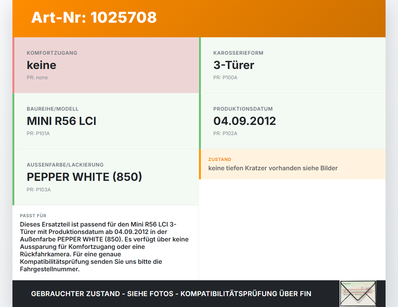 Mini One R56 LCI 13-16 3T Blende Griffleiste für Heckklappe Mini One R56 LCI 13-16 24.09.2012 51132753602 gebraucht Vorschau 3