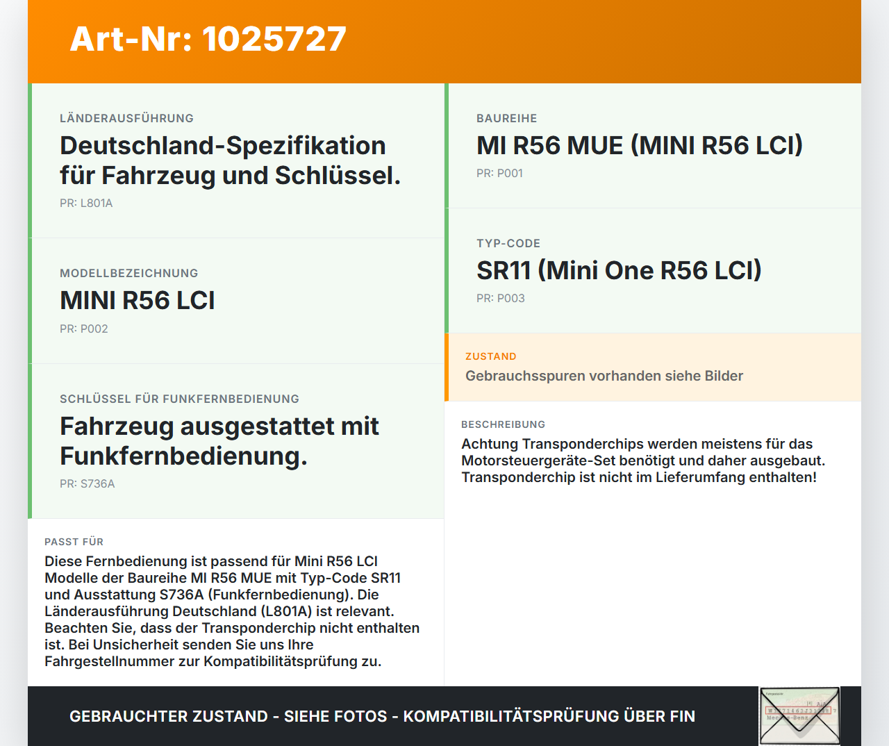 Mini One R56 LCI 13-16 Fernbedienung Funk Funkschlüssel Mini One R56 LCI 13-16 24.09.2012 66123456367 gebraucht Vorschau 3