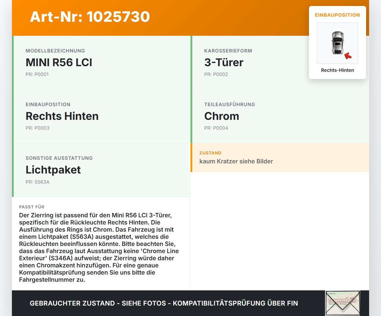 Mini One R56 LCI 13-16 3T Zierring Chrom für Rückleuchte Heckleuchte Rechts Hinten Mini One R56 LCI 13-16... Vorschau 3