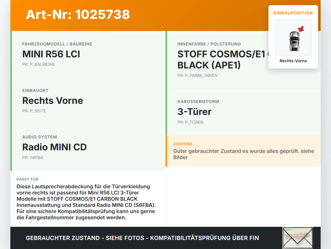 Mini One R56 LCI 13-16 3T Blende Innen Abdeckung für Lautsprecher Türverkleidung Rechts Vorne Mini One R56 LCI... Vorschau 3