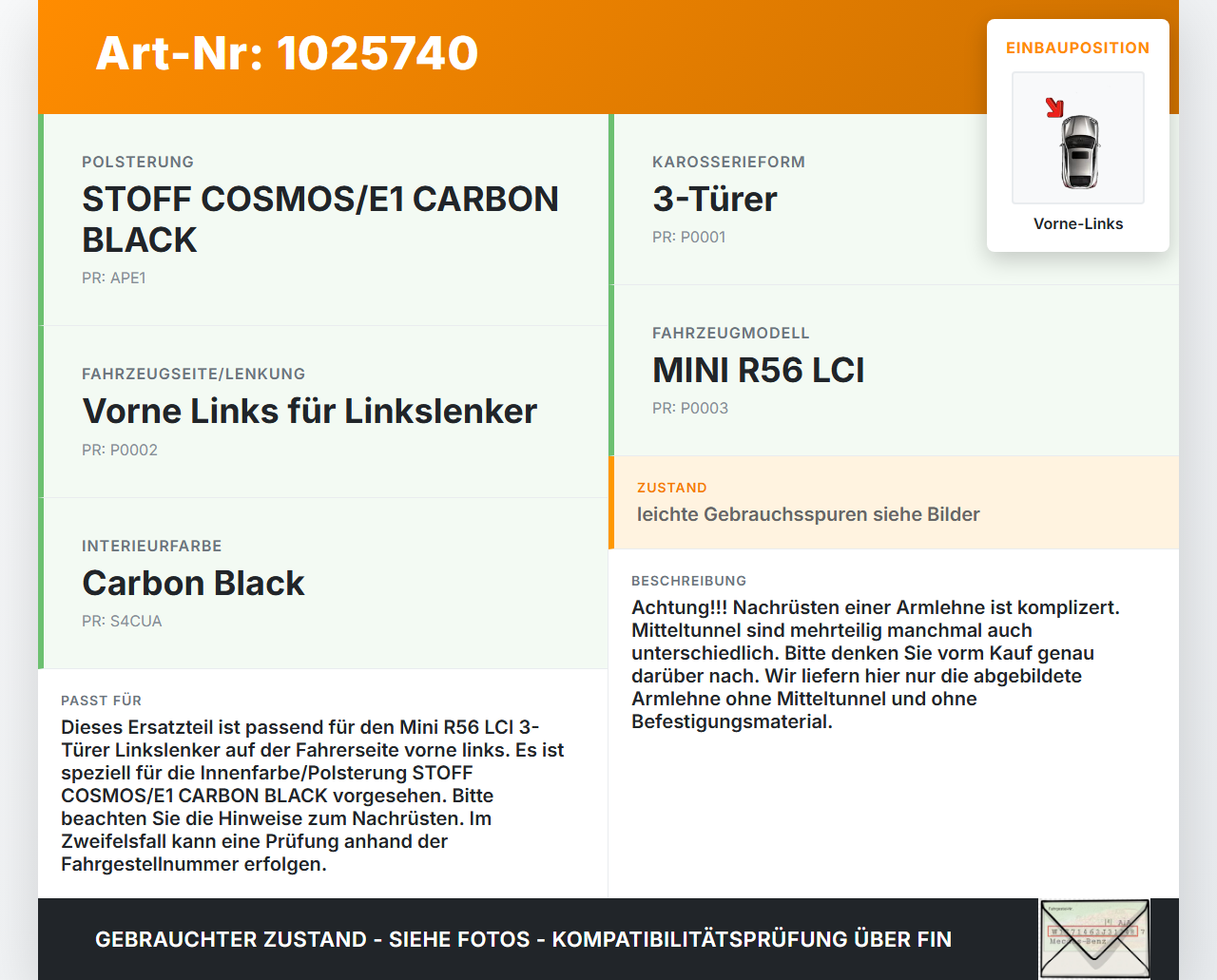 Mini One R56 LCI 13-16 Armlehne Auflage Türverkleidung Vorne Links Mini One R56 LCI 13-16 24.09.2012 51417267285... Vorschau 3