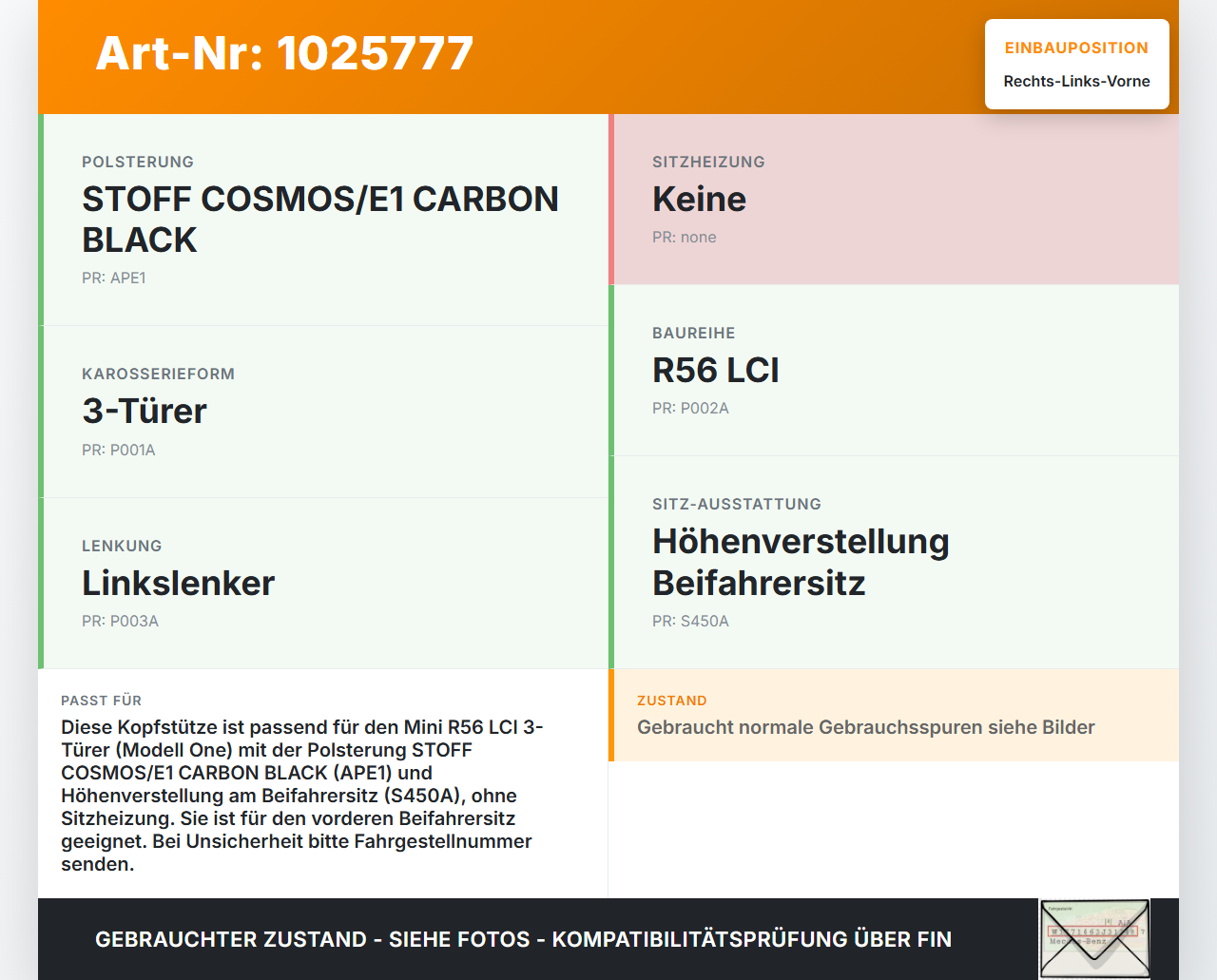 Mini One R56 LCI 13-16 3T Kopfstütze für Beifahrer Sitz Rechts oder Links Vorne Mini One R56 LCI 13-16 24.09.2012... Vorschau 3