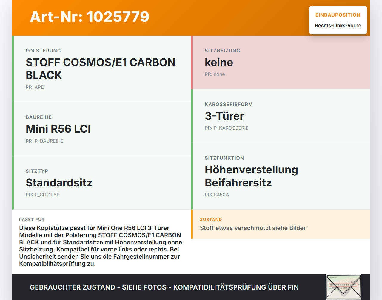 Mini One R56 LCI 13-16 3T Kopfstütze für Beifahrer Sitz Rechts oder Links Vorne Mini One R56 LCI 13-16 24.09.2012... Vorschau 3