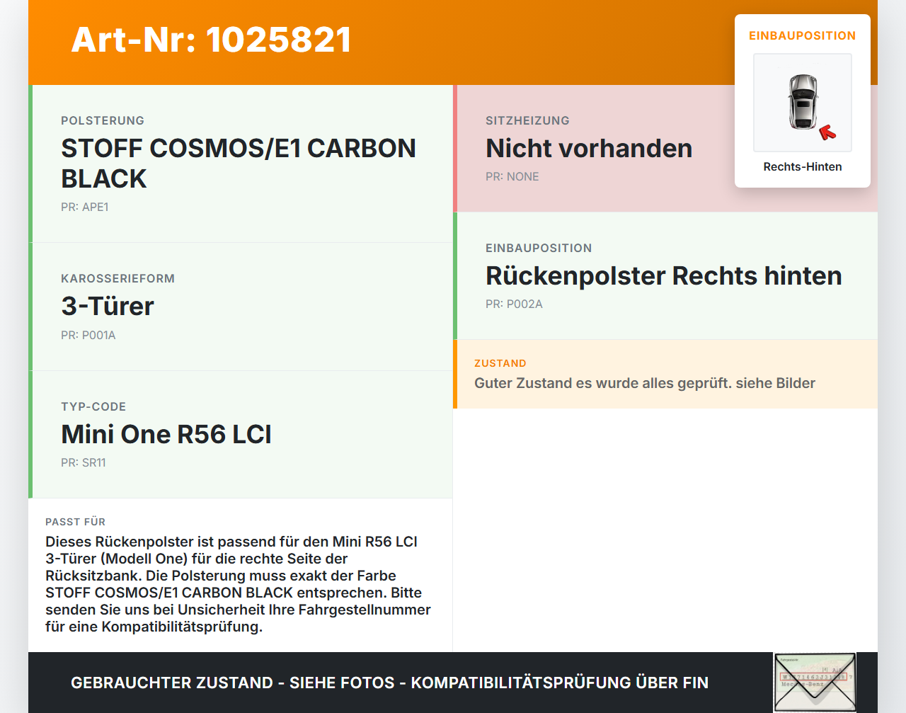 Mini One R56 LCI 13-16 3T Rückenpolster Rechts für Rücksitzbank Hinten Mini One R56 LCI 13-16 24.09.2012... Vorschau 3