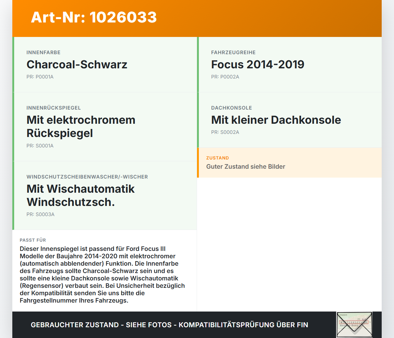 Ford Focus III 3 14-18 Innenspiegel Rückspiegel Spiegel Innen Ford Focus III 3 14-18 30.09.2016 8U5A-17E678-VB gebraucht Vorschau 3