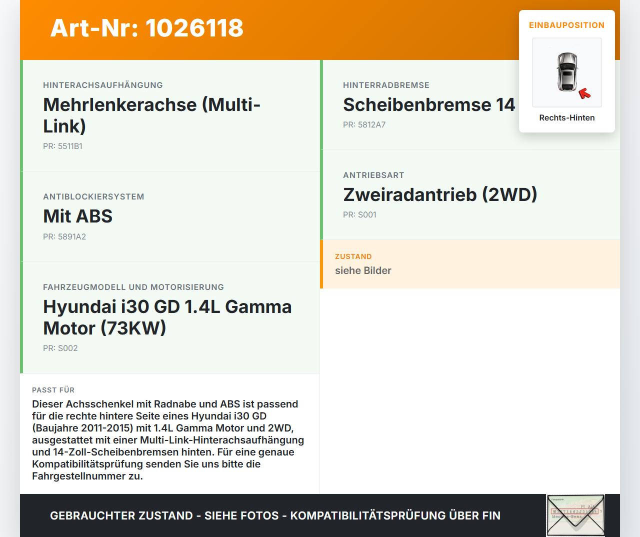 Hyundai I30 GD 11-15 5T 1,4 73KW Achsschenkel Radnabe mit ABS Rechts Hinten Hyundai I30 GD 11-15 20.10.2014 gebraucht Vorschau 3