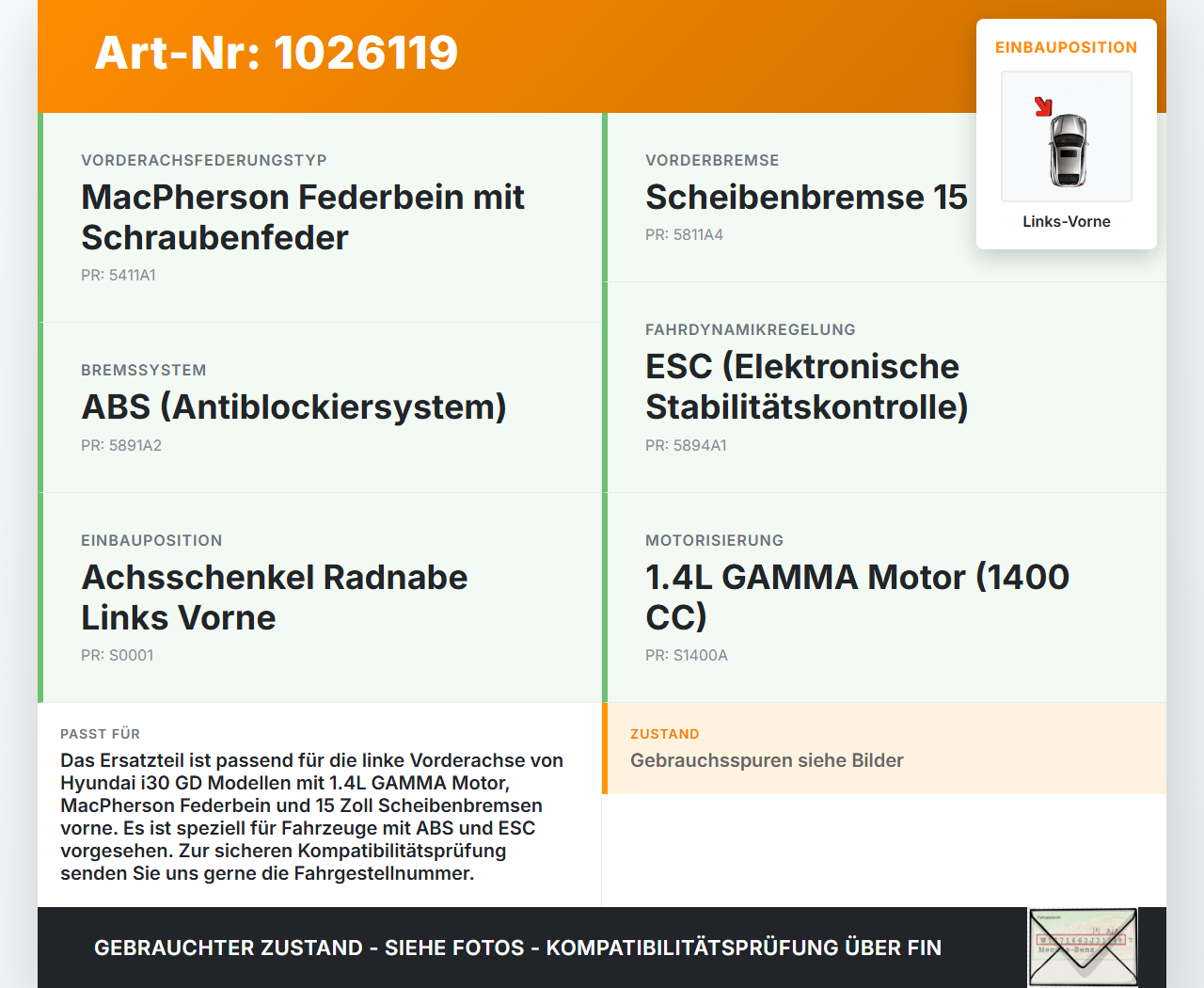 Hyundai I30 GD 11-15 1,4 73KW Achsschenkel Radnabe mit ABS Links Vorne Hyundai I30 GD 11-15 20.10.2014 gebraucht Vorschau 3