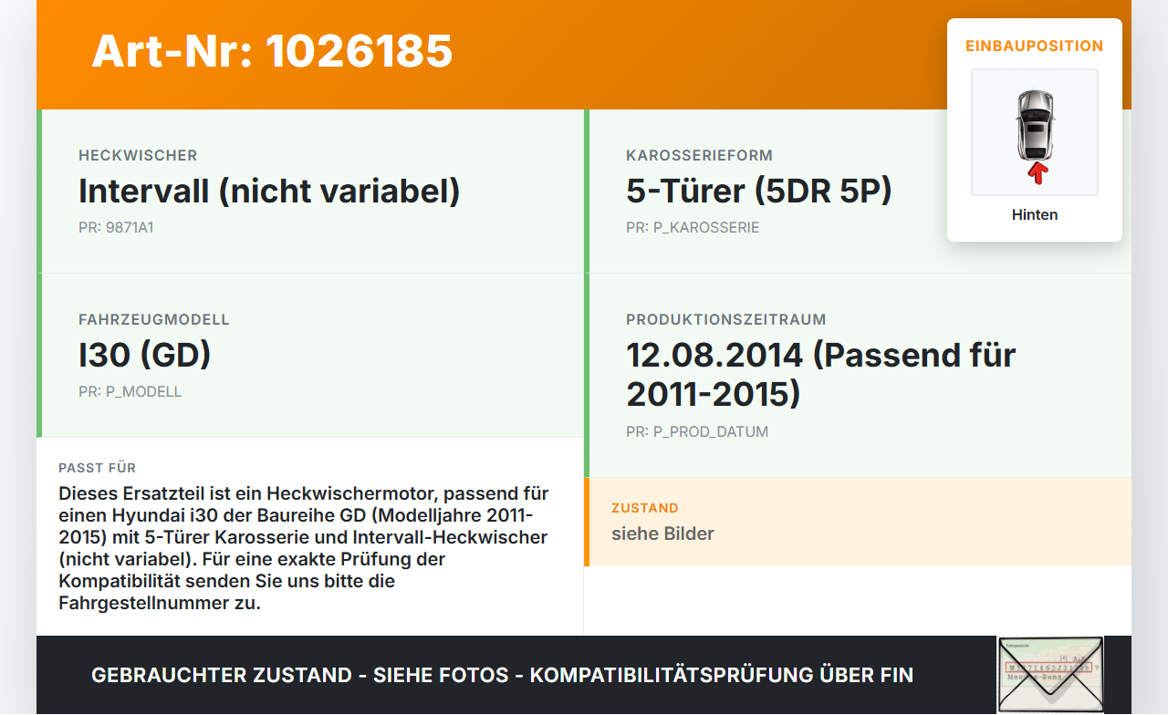 Hyundai I30 GD 11-15 5T Wischermotor Hinten Heckwischermotor Hyundai I30 GD 11-15 20.10.2014 98700-A5000 03511-1720... Vorschau 3