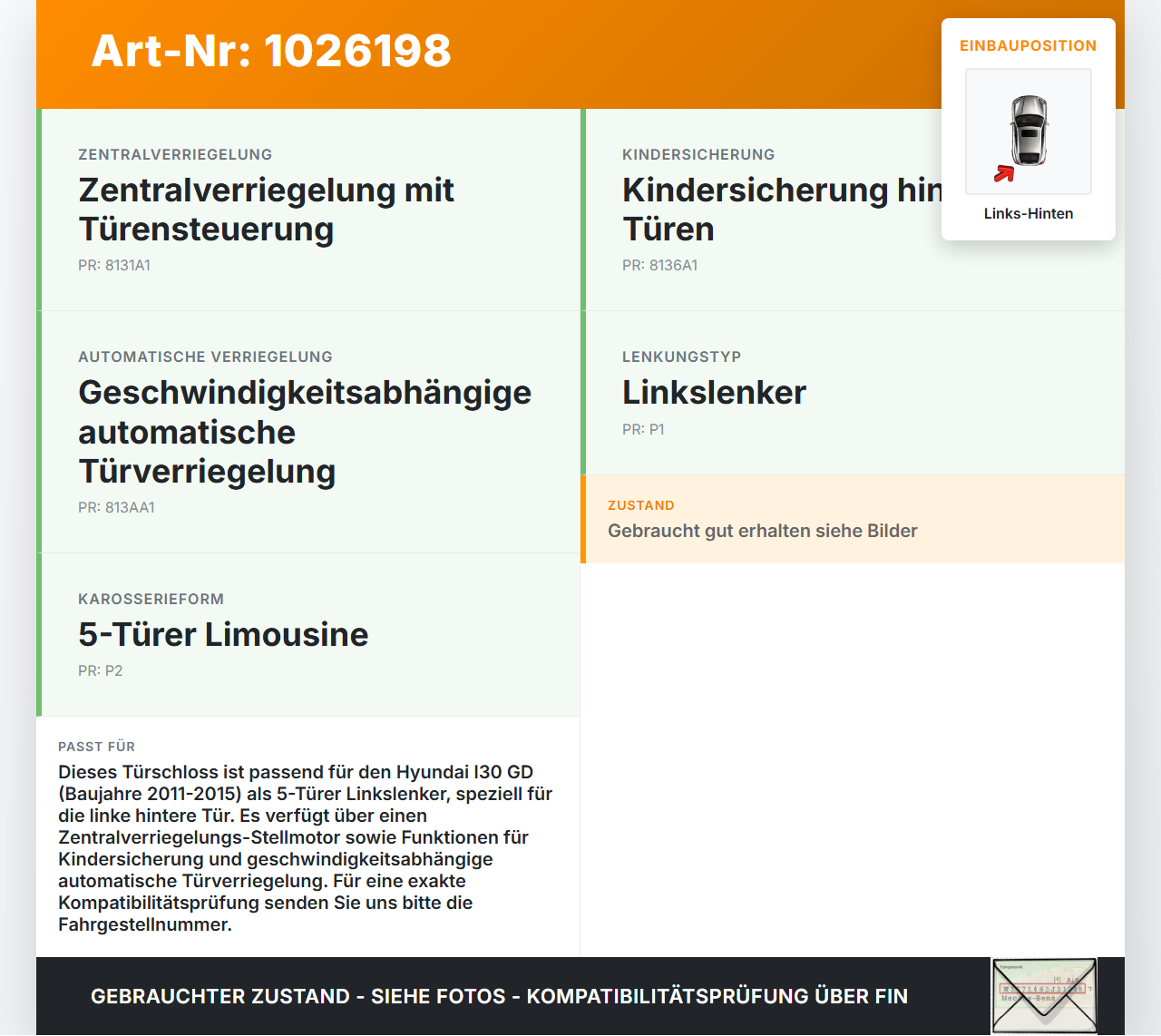 Hyundai I30 GD 11-15 5T Türschloss m. ZV Stellmotor Links Hinten Hyundai I30 GD 11-15 20.10.2014 81410-A6000... Vorschau 3