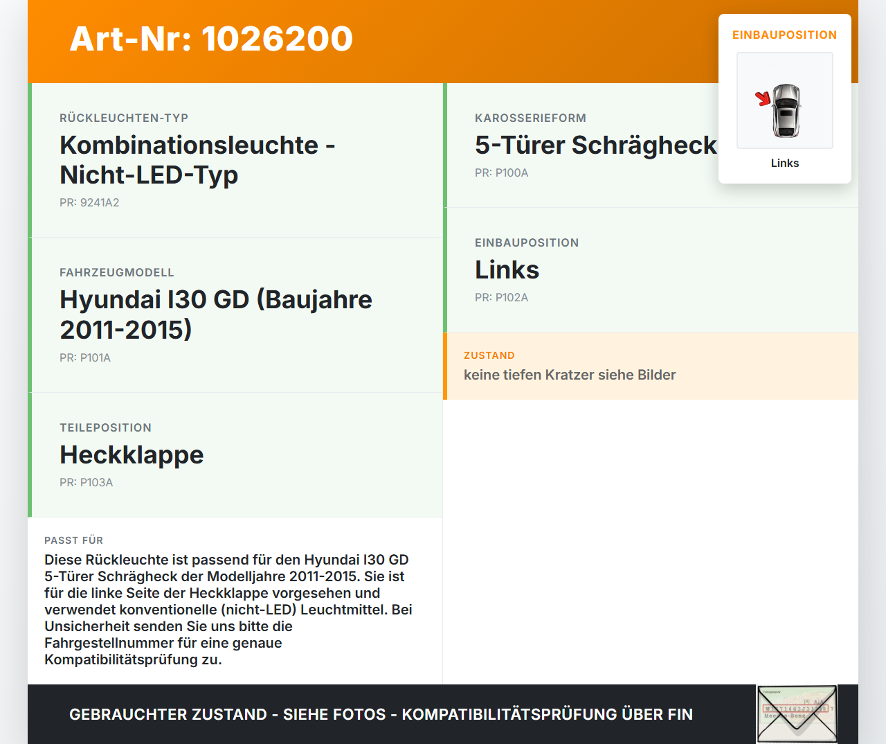 Hyundai I30 GD 11-15 5T Rückleuchte Heckleuchte für Klappe Links Hyundai I30 GD 11-15 20.10.2014 gebraucht Vorschau 3