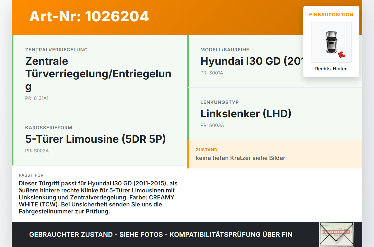 Hyundai I30 GD 11-15 5T Türgriff Griff aussen Rechts Hinten TCW Hyundai I30 GD 11-15 20.10.2014 82661A6000 82661A... Vorschau 3