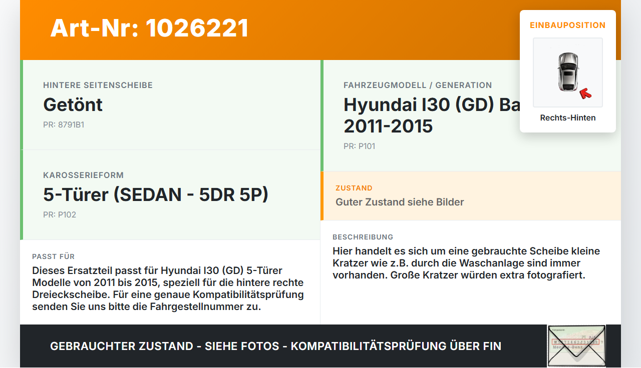Hyundai I30 GD 11-15 5T Seitenscheibe Dreieck Scheibe Rechts Hinten Hyundai I30 GD 11-15 20.10.2014 86190A5000... Vorschau 3