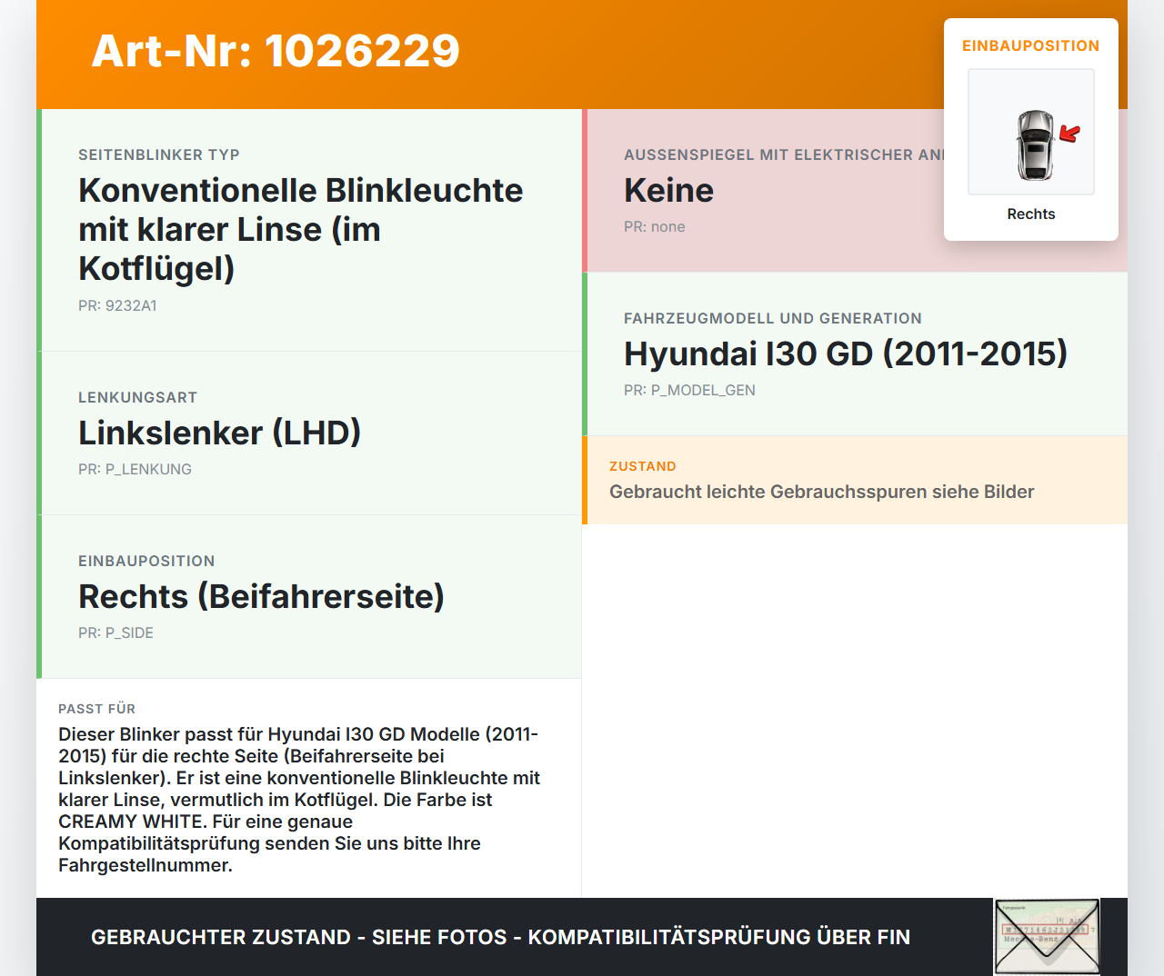 Hyundai I30 GD 11-15 Blinker Blinkleuchte Rechts orig. Hyundai I30 GD 11-15 20.10.2014 gebraucht Vorschau 3
