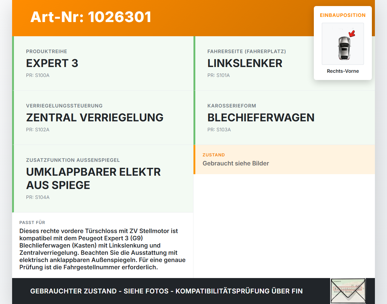 Peugeot Expert II 2 Kasten Türschloss m. ZV Stellmotor Rechts Vorne Peugeot Expert II 2 01.01.2013 9681334980 gebraucht Vorschau 3
