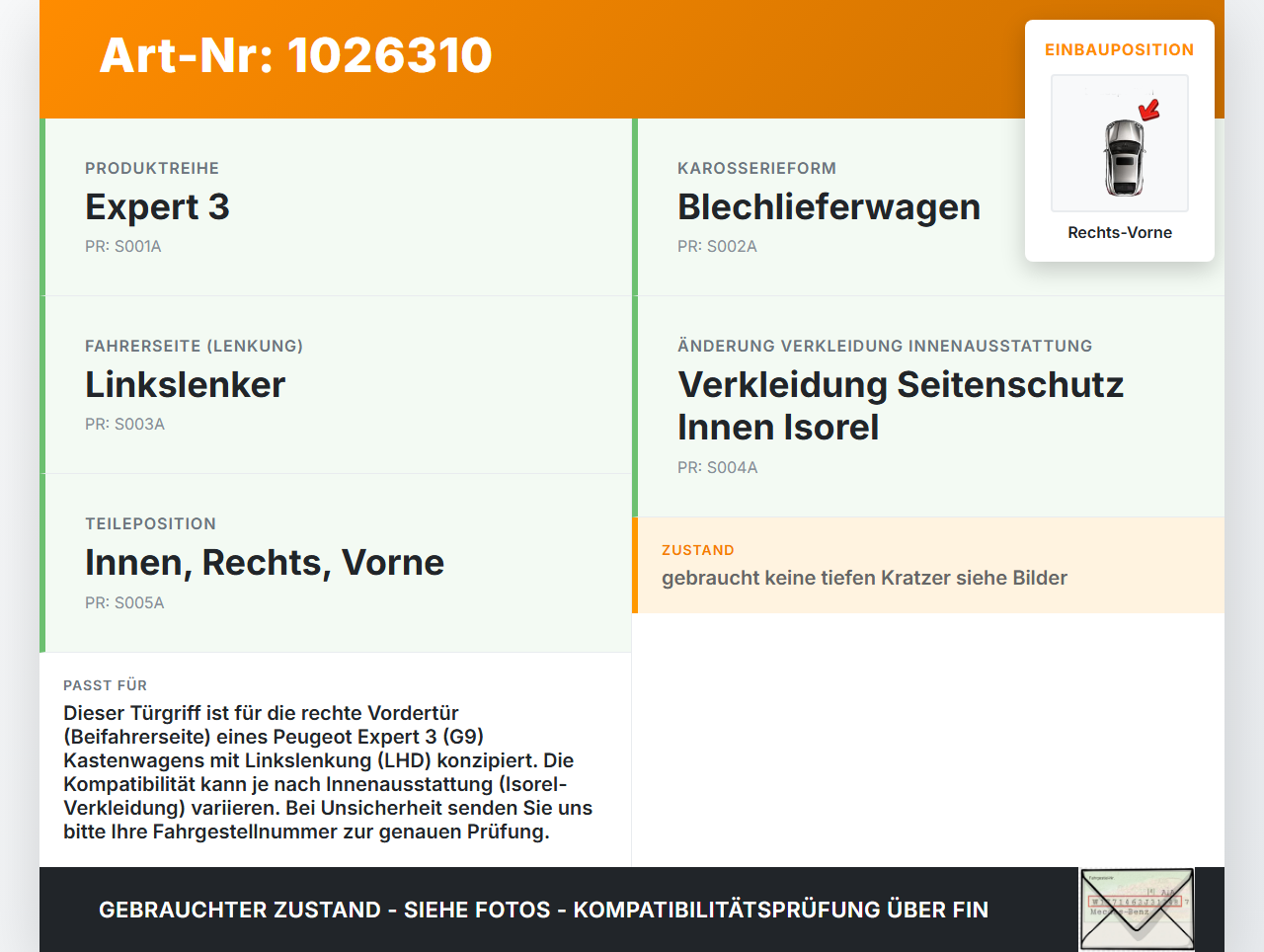 Peugeot Expert II 2 Kasten Türgriff Griffmuschel Griff Innen Rechts Vorne Peugeot Expert II 2 01.01.2013 96555514XT... Vorschau 3