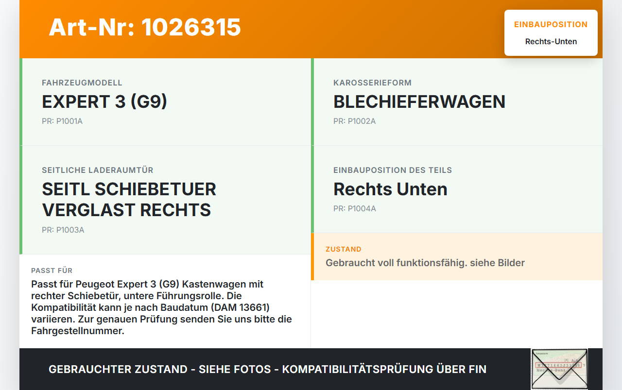 Peugeot Expert II 2 Kasten Führungsrolle für Schiebetür Rechts Unten Peugeot Expert II 2 01.01.2013 9033V1 gebraucht Vorschau 3