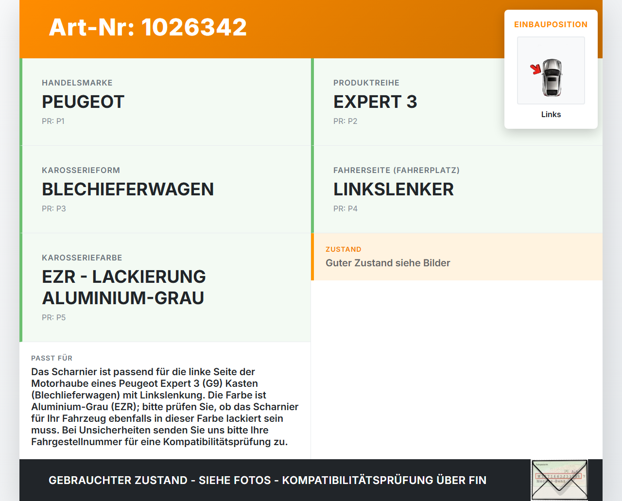 Peugeot Expert II 2 Kasten Scharnier für Motorhaube Motorhaubenscharnier Links Peugeot Expert II 2 01.01.2013... Vorschau 3