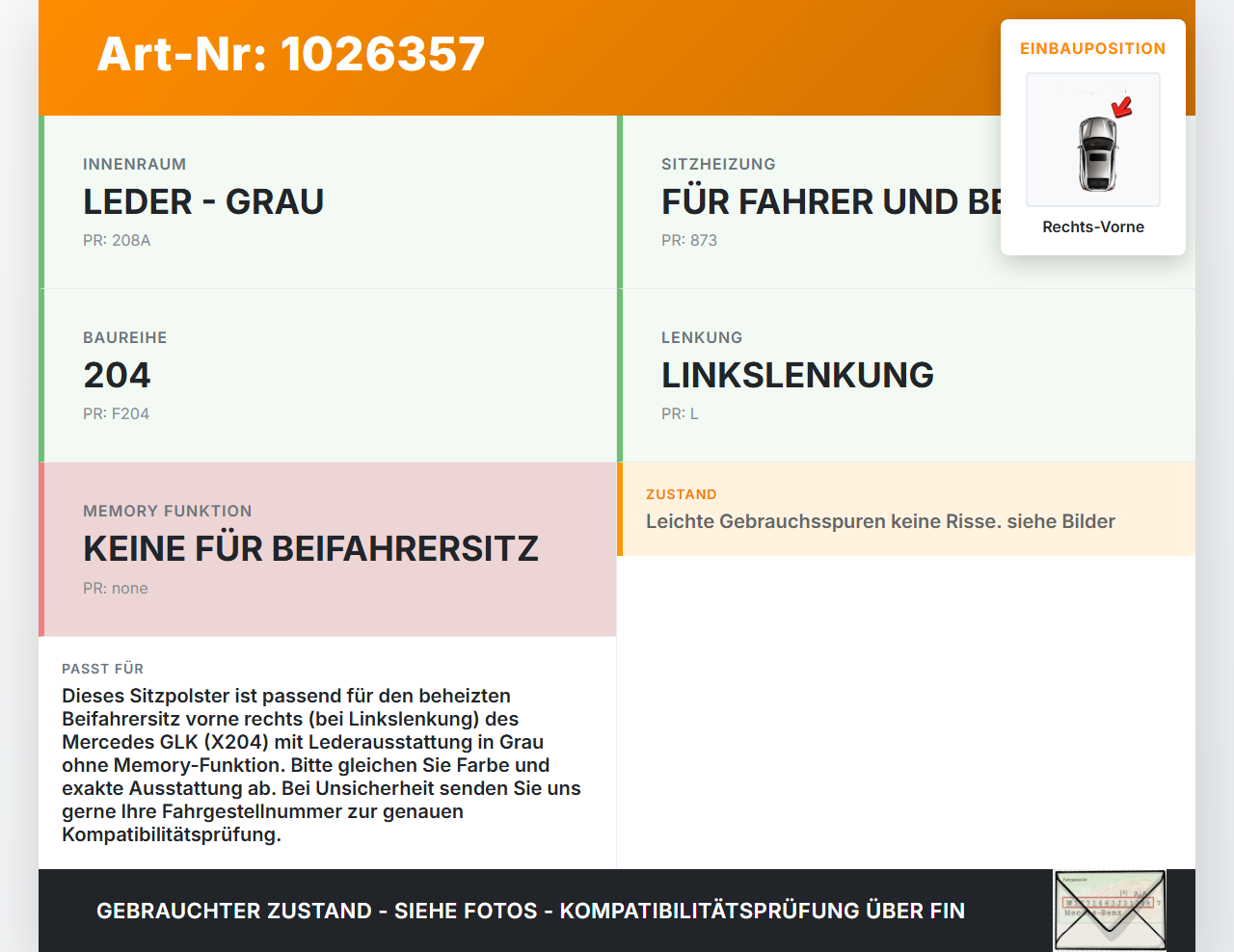Mercedes GLK 300 X204 08-12 Sitzpolster für Beifahrersitz Rechts Vorne beheizt Mercedes GLK 300 X204 08-12... Vorschau 3