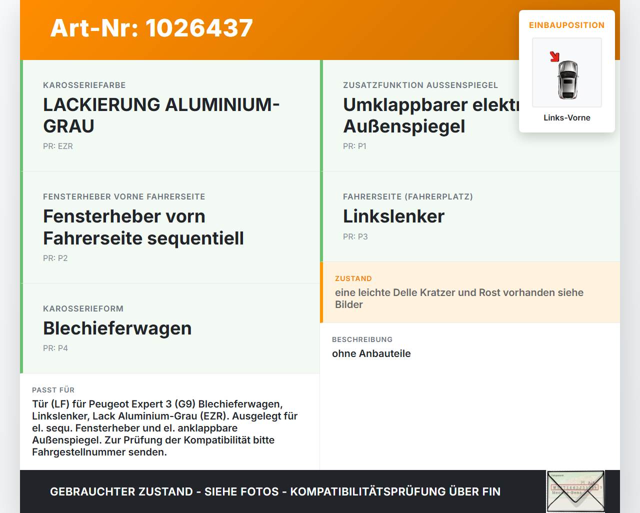 Peugeot Expert II 2 Kasten Tür Fahrertür Links Vorne EZR Peugeot Expert II 2 01.01.2013 gebraucht Vorschau 3
