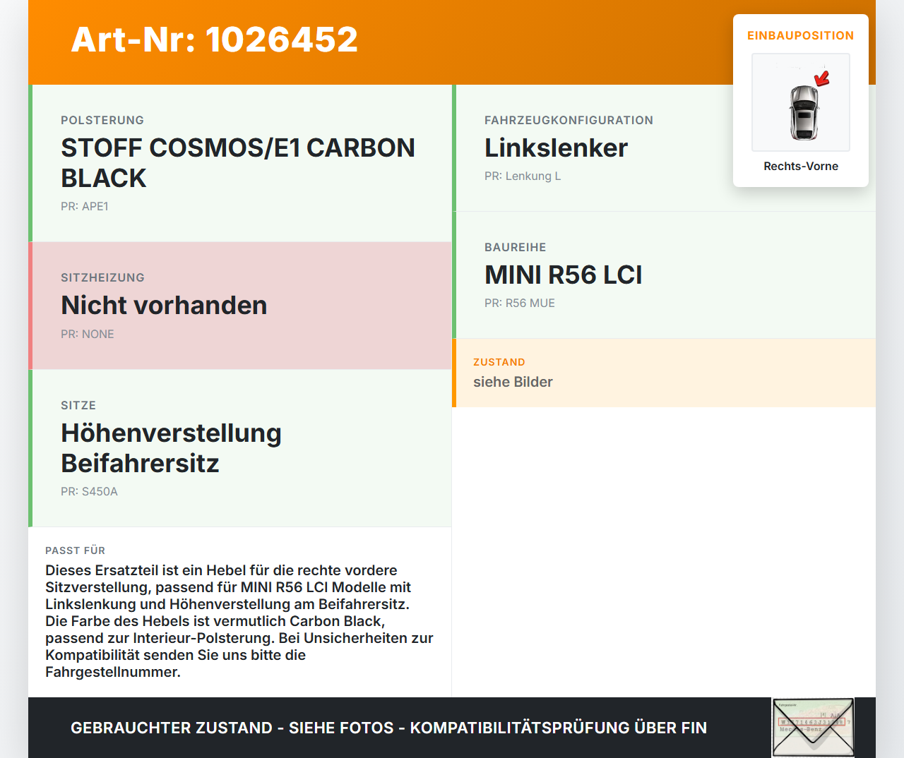 Mini One R56 LCI 13-16 1,6 72KW Hebel für Sitzverstellung Rechts Vorne Mini One R56 LCI 13-16 24.09.2012 119856-1... Vorschau 3