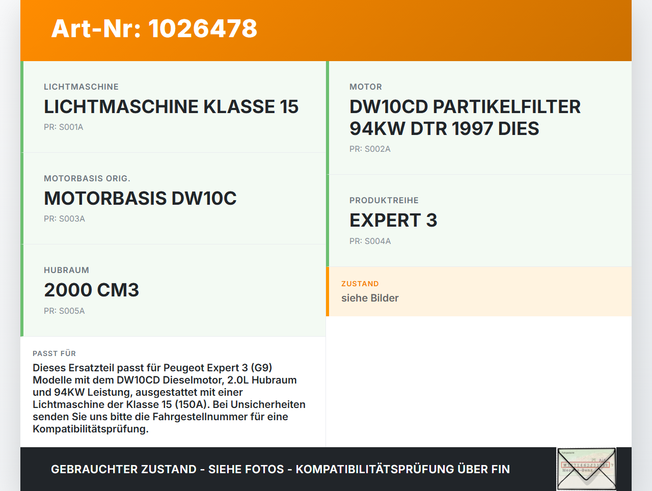 Peugeot Expert II 2 HDI 2,0 94KW Lichtmaschine Generator 150A CL15 Peugeot Expert II 2 01.01.2013 9678048880... Vorschau 3