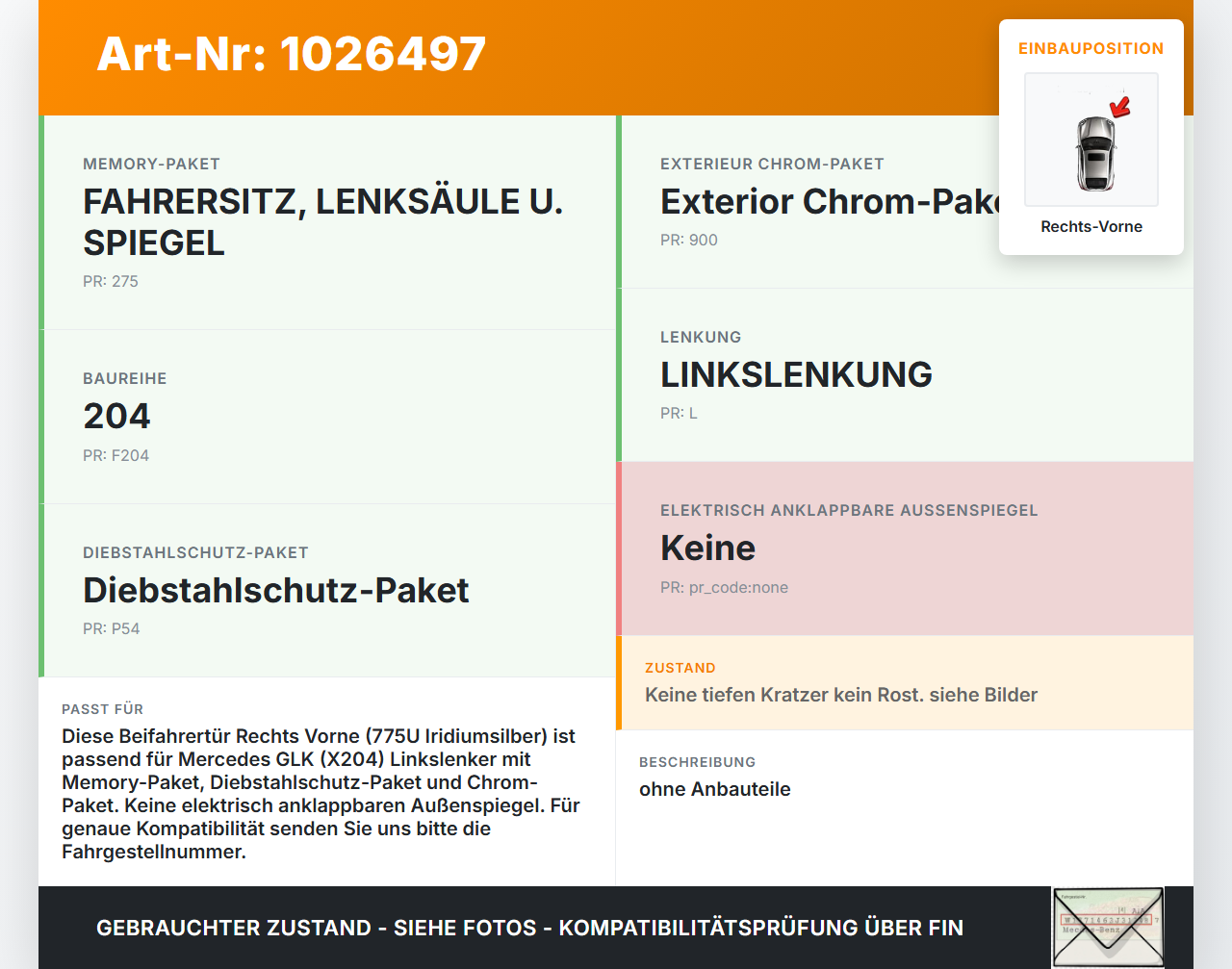 Mercedes GLK 300 X204 08-12 Tür Beifahrertür Rechts Vorne 775 Mercedes GLK 300 X204 08-12 30.06.2009 A2047200805... Vorschau 3