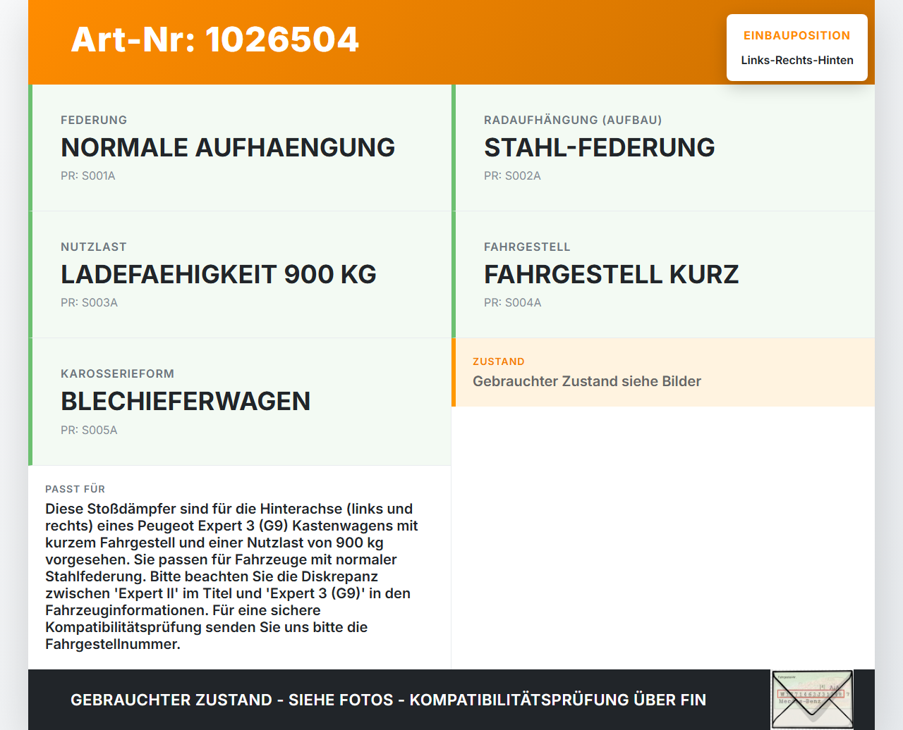 Peugeot Expert II 2 Kasten Stossdämpfer Links und Rechts Hinten Peugeot Expert II 2 01.01.2013 980603658003 gebraucht Vorschau 3