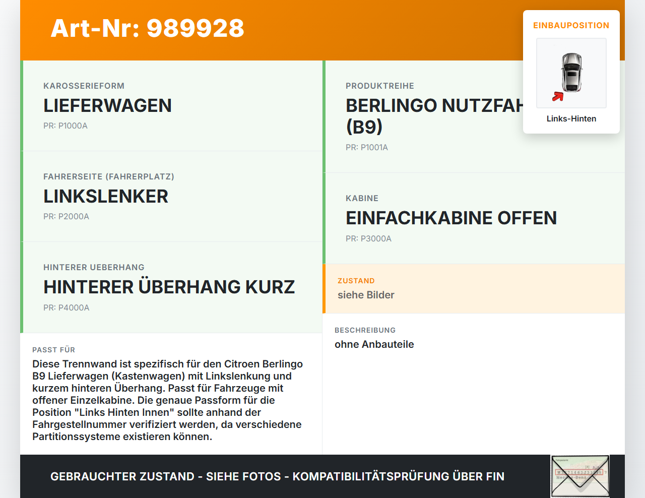Citroen Berlingo B9 12-18 Lieferwagen Trennwand Links Hinten Innen EWP Citroen Berlingo B9 12-18 12.03.2015 7220VK... Vorschau 3