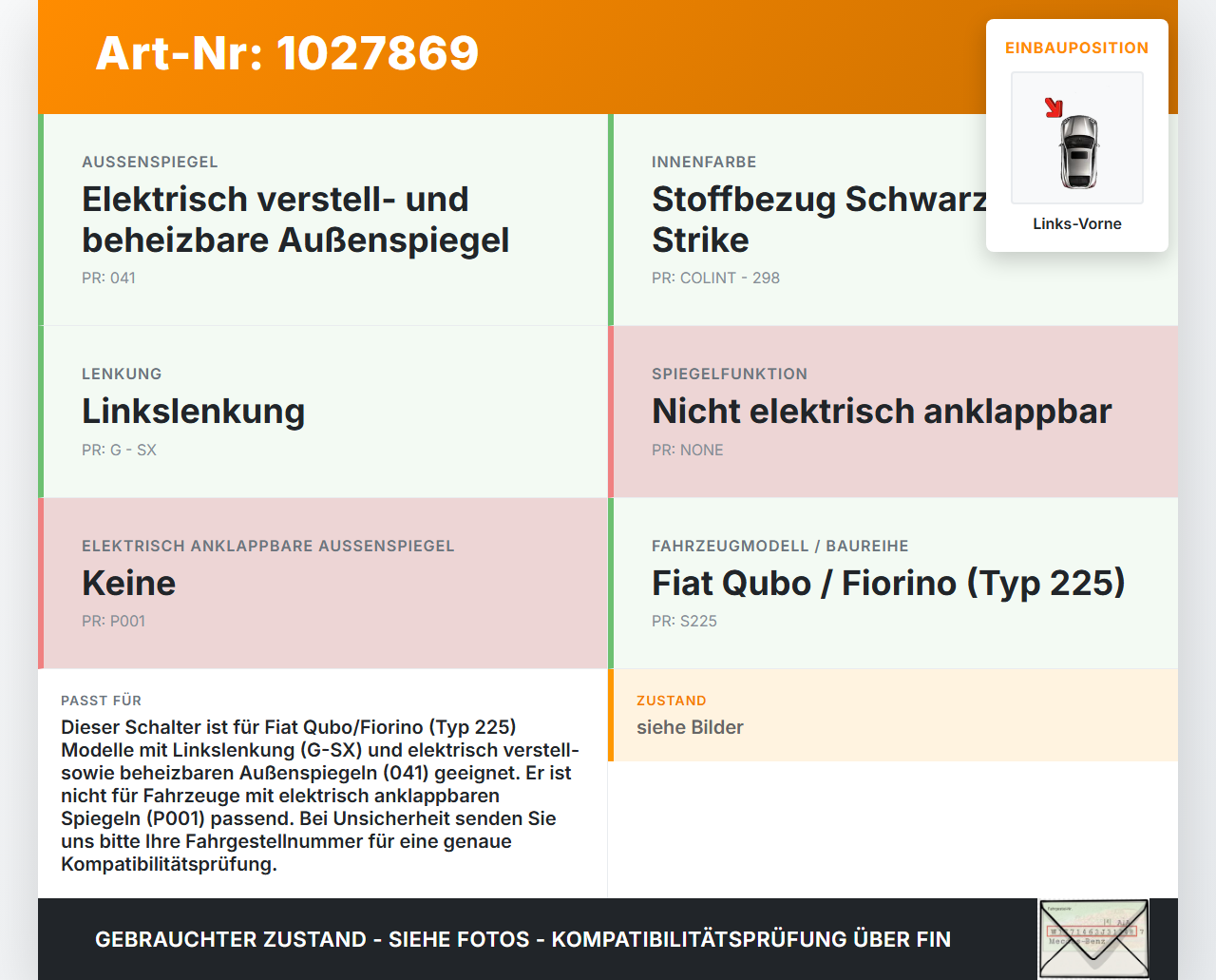 Fiat Qubo Fiorino 225 08-16 Spiegelverstellung Aussenspiegel Schalter Links Vorne Fiat Qubo Fiorino 225 08-16... Vorschau 3