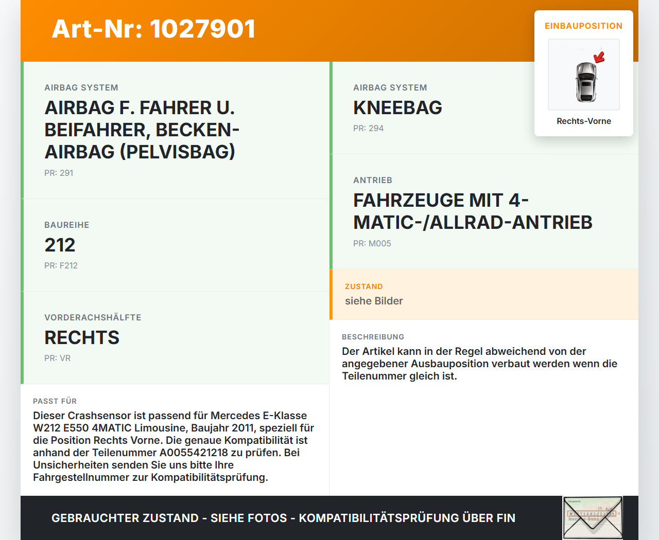 Mercedes E500 W212 09-13 Sensor fï¿½r Airbag Crashsensor Airbagsensor Rechts Vorne Mercedes E500 W212 09-13... Vorschau 3