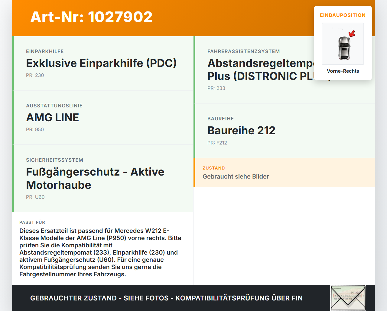 Mercedes E500 W212 09-13 Stoßstange Pralldämpfer Träger Vorne Rechts Mercedes E500 W212 09-13 06.12.2011 0392022010... Vorschau 3